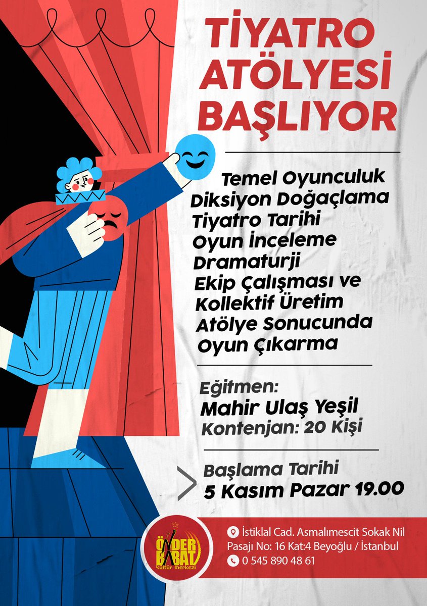 TaksimOBKM's tweet photo. Önder Babat Kültür Merkezi Tiyatro Atölyesi 5 Kasım Pazar saat 19.00'da başlıyor! 

Bilgi almak ya da atölyeye kaydolmak için kültür merkezimize gelebilir ya da telefon numaramızı arayabilirsiniz. https://t.co/8o4lv1ZI5Q