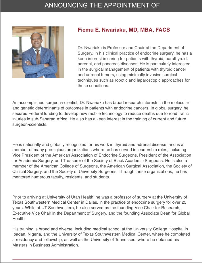 Tom Varghese Jr. MD, MS, MBA, FACS, MAMSE 🇺🇸 (@tomvarghesejr) on Twitter photo Congrats to Dr. <a href="/FiemuNwariaku/">Fiemu Nwariaku</a> on his investiture as a <a href="/UofUMedicine/">Spencer Fox Eccles School of Medicine</a> presidential endowed chair holder with <a href="/UofUSurgery/">UofUSurgery</a> this week.
A trail-blazing career that has shattered many a glass ceiling, Dr. Nwariaku inspires us all.
Grateful for all that you do Fiemu 🙏🏾 Congrats to Dr. <a href="/FiemuNwariaku/">Fiemu Nwariaku</a> on his investiture as a <a href="/UofUMedicine/">Spencer Fox Eccles School of Medicine</a> presidential endowed chair holder with <a href="/UofUSurgery/">UofUSurgery</a> this week.
A trail-blazing career that has shattered many a glass ceiling, Dr. Nwariaku inspires us all.
Grateful for all that you do Fiemu 🙏🏾