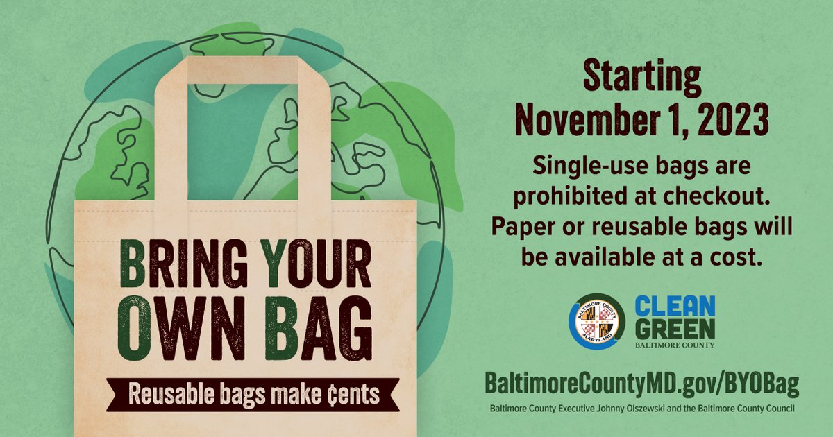 BaltCoGov's tweet photo. ♻️REMINDER♻️

Baltimore County's plastic bag ban takes effect today.

Customers need to bring their own bags to stores or pay at least a 5-cent fee for paper or reusable bags.

More info: https://t.co/jw9TROCLxy https://t.co/HwsSsH1PhQ