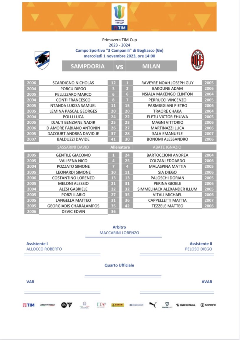 📸 Sampdoria U19 - Milan U19 di Coppa Italia Primavera, questa la distinta del match👇🔴⚫️ #MilanYouth