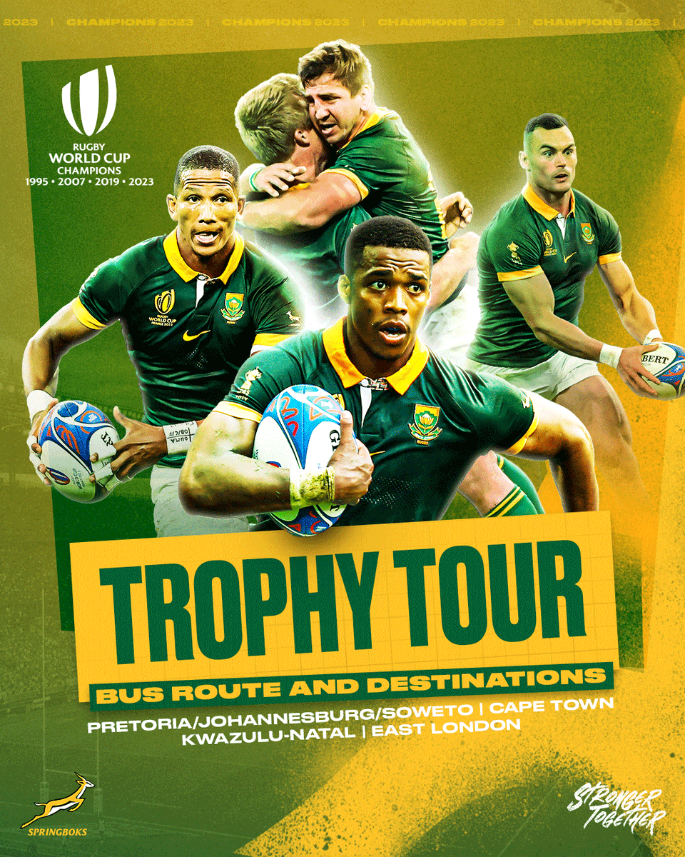 Springboks's tweet image. The #Springboks&apos; #RWC2023 Trophy Tour will kick off in Pretoria tomorrow morning - more here: bit.ly/3FE9Sty 🚌🏆
#StrongerTogether