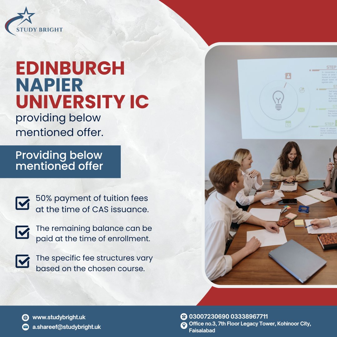 Study_Bright's tweet photo. Edinburgh Napier University IC
🌟 50% payment of tuition fees at the time of CAS issuance.
🌟 The remaining balance can be paid at the time of enrollment.
🌟 The specific fee structures vary based on the chosen course. https://t.co/yUA8XMxvUJ