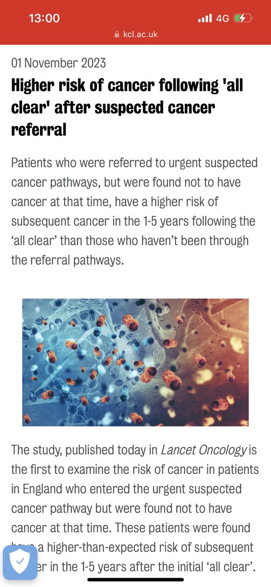 Great to see our study- future cancer risk after negative initial urgent referral published @TheLancetOncol thelancet.com/journals/lanon… Shows higher risk than might expect & in particular for certain referral types @kingsmedicine @QMUL_WIPH @KingsCollegeLon kcl.ac.uk/news/higher-ri…