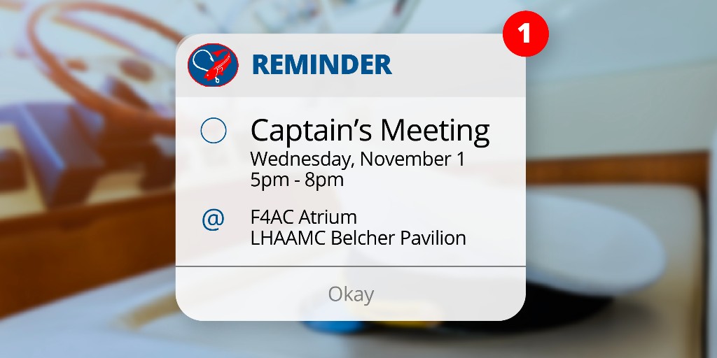 #Reminder! 

The Captain’s Meeting is tonight, Wednesday, 11/1 from 5-8pm at the F4AC Atrium, LHAAMC’s Belcher Pavilion, 2000 Medical Prkwy, Annapolis MD 21401 – Parking in Garage E

See you there! 

#F4AC #CaptainsMeeting #ImportantReminder