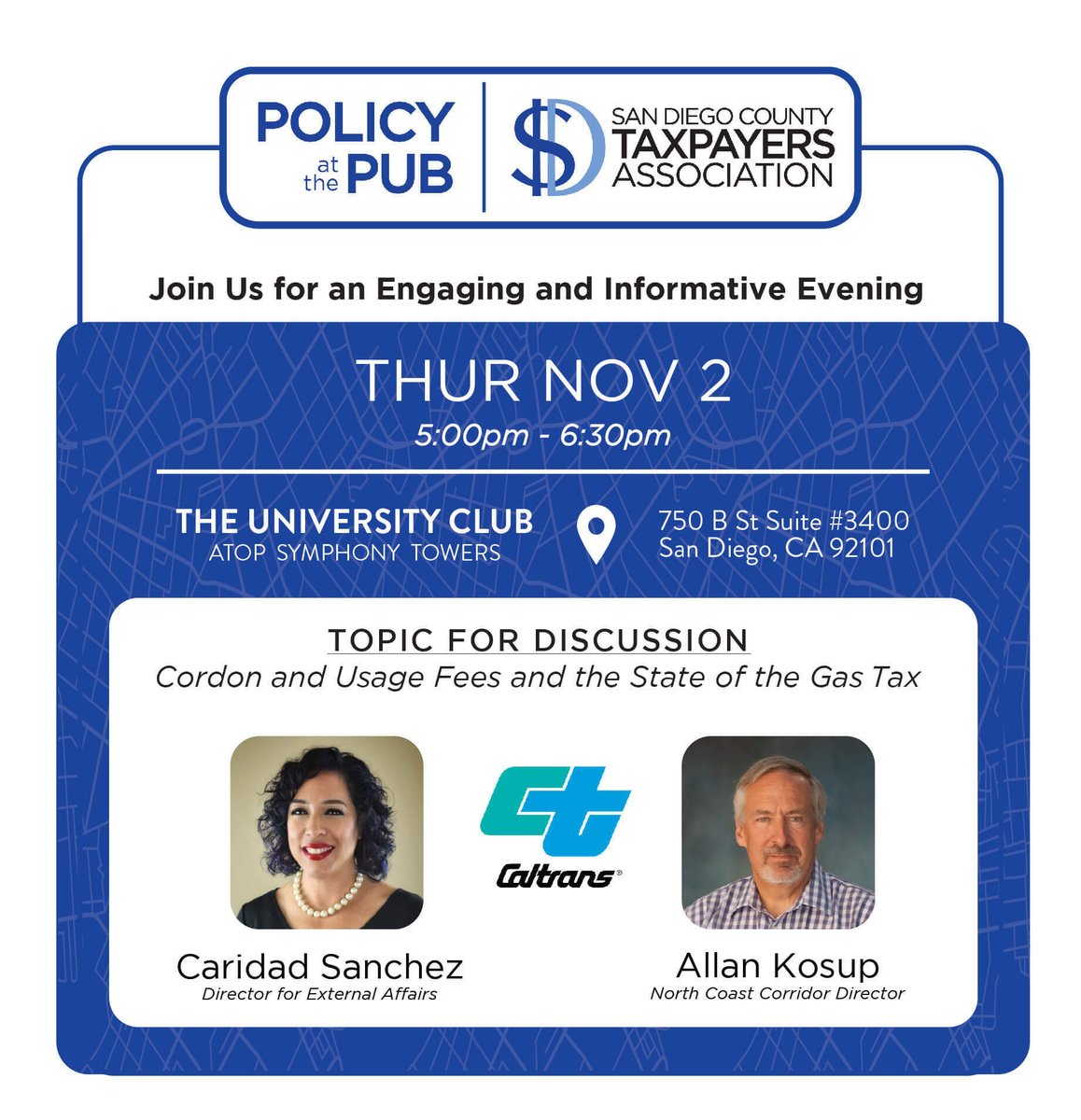 sdcta's tweet photo. Join us tomorrow at 5pm for Policy at the Pub! Learn about how the Gas Tax impacts our community and infrastructure. 

Spots are limited, register today! https://t.co/I3A5DGzHi0 https://t.co/x71hFnW9LH