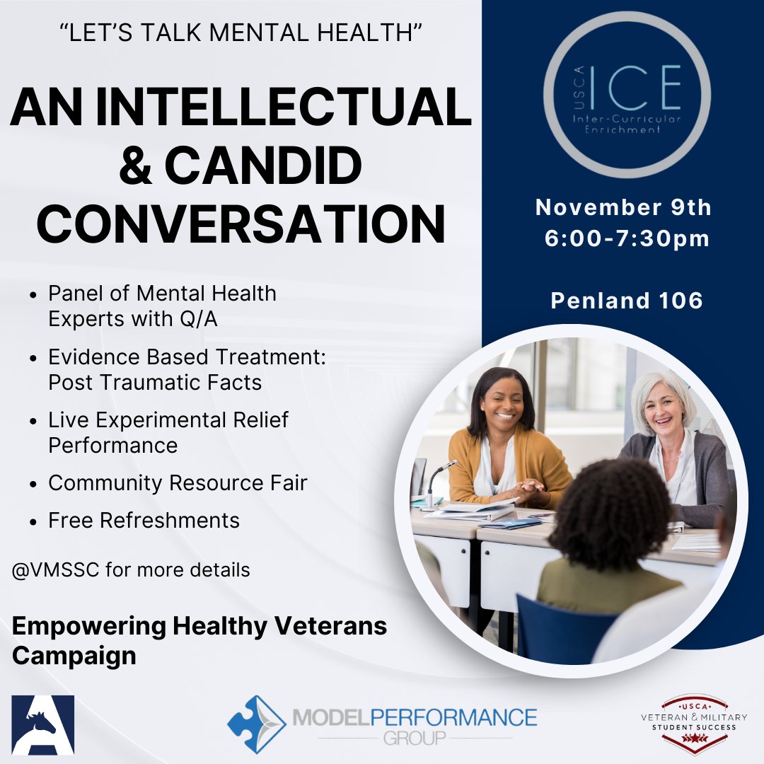 The Office of Veteran and Military Student Success is hosting our signature event Healthy Veterans=Healthy Communities' Campaign!

Please be our guests for this fact based intellectual and candid conversation! We hope to see a resounding human presence This impacts all of us!