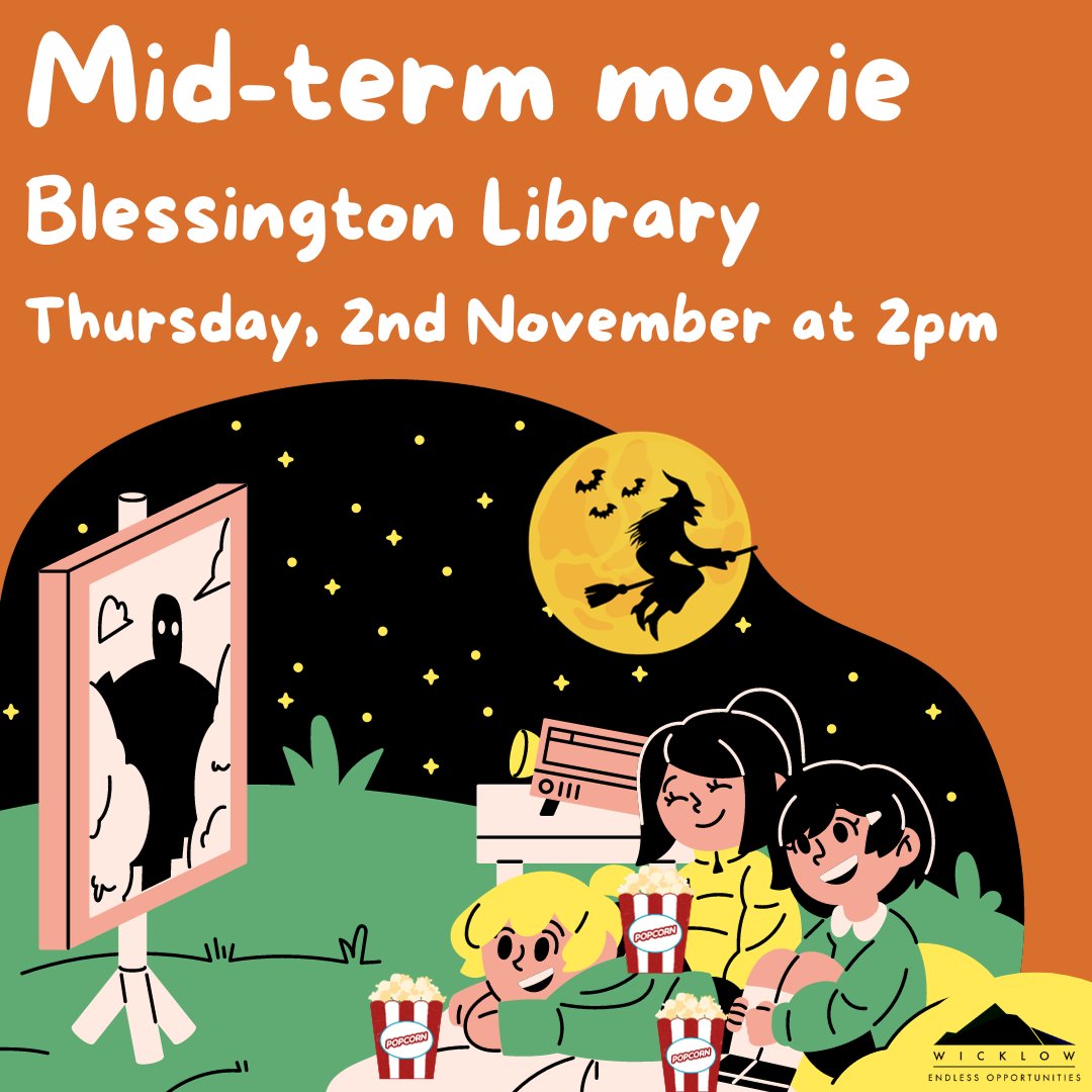 Join #Blessington Library for a spooky movie for the mid-term break. Suitable for all ages! Tomorrow, Thursday the 2nd of November, at 2 pm Contact: ✉️: blessingtonlib@wicklowcoco.ie 📞: 045 891740 #Wicklow #YourCouncil