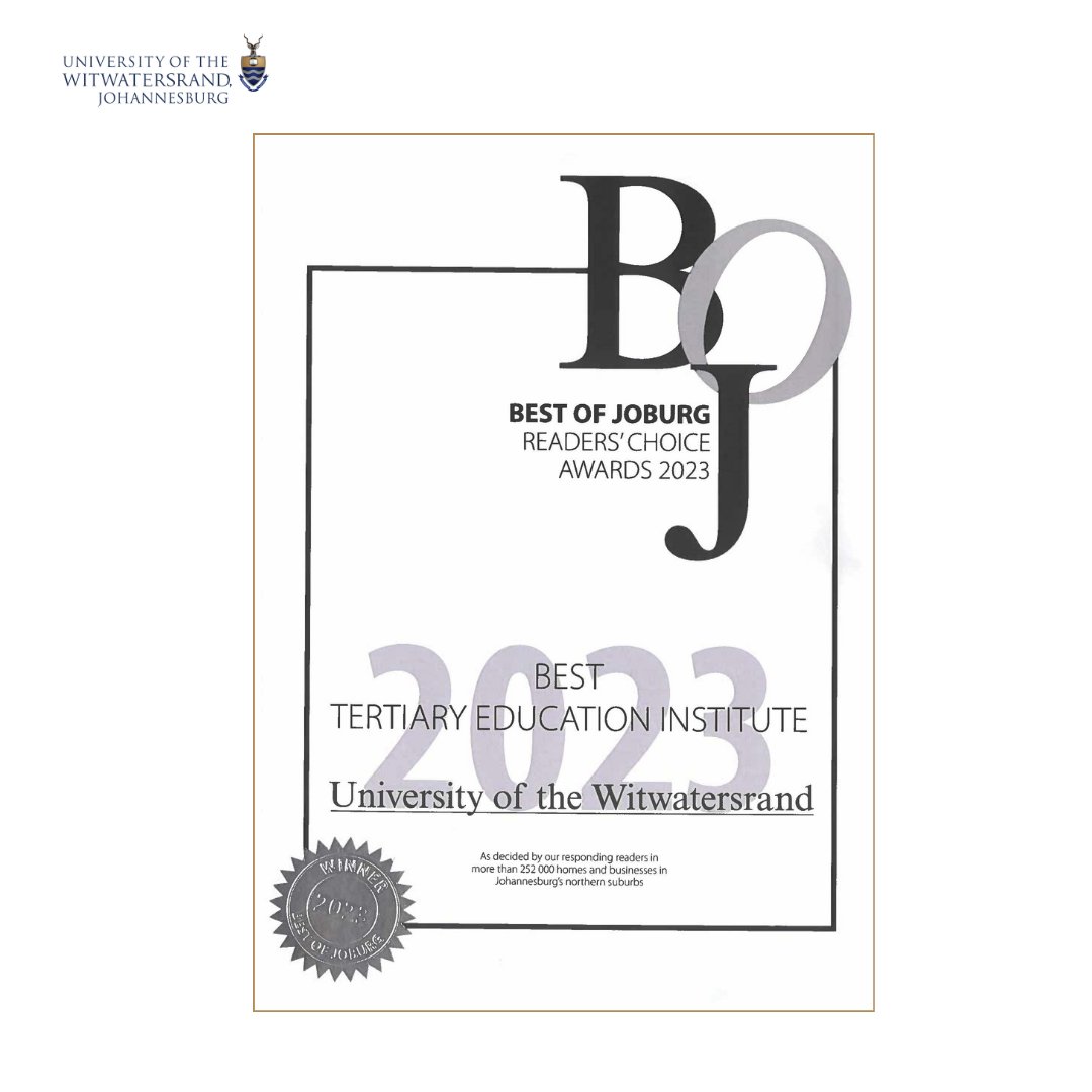Yaay! 🥇 We did it again Witsies | Best tertiary education institution: University of the Witwatersrand

Wits University has been named the best tertiary education institute by Johannesburg.

Well done to all Witsies!

More details: shorturl.at/bkBKM

#WitsForGood🥇