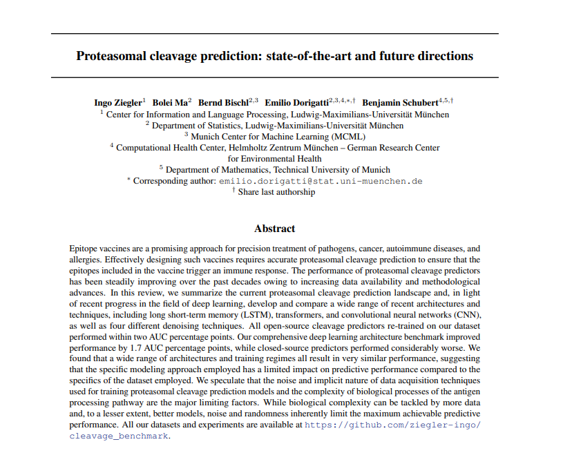 📚 New Paper Release! 🧬

We conducted a thorough review and benchmarking of all proteasomal cleavage models available to date.
  
We have also introduced some new architectures, one of which sets the new state-of-the-art for cleavage prediction! 🚀 

biorxiv.org/content/10.110…