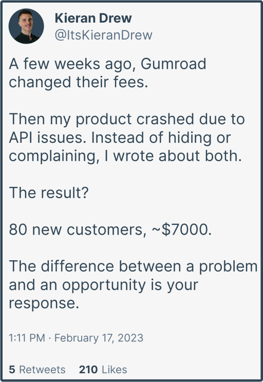 ItsKieranDrew's tweet photo. 17 lessons from 2,000 digital product sales

Over the past 19 months, I’ve sold over 2,000 copies of digital products.

Product 1: Viral Inspiration Lab
(1021 copies - $84,987 grossed)

Product 2: High Impact Writing
(1072 copies - $349,415 grossed)

Here’re the top 18 lessons I’ve learned from the product game so far:

Build a unique mechanism

If you want to sell more of your product, give people a new reason to buy: YOUR solution to an old problem (disregard this advice if you’re in a new market).

Used tiered pricing

Multiple price points have two advantages. First, price anchoring - you can control which option is more appealing. Second, more revenue - someone always wants to pay you more.

Look for ‘reason why’ opportunities

People won’t buy your product if you don’t give them a reason. But this doesn’t mean tricking your audience into purchasing. Keep an eye out for events:

• Birthdays
• Milestone
• Holidays

You can get creative too. One of my most popular sales last year was about my product breaking.

Rarely run discounts

Discounts devalue your product. If you do them often, you’ll be seen as cheap instead of premium. Save it for Black Friday.

But urgency is important for sales. Try this:

Sell with more

Instead of devaluing, add value.

• Give live webinars
• Combine new bonuses
• Hold Q&A’s and live calls

Current buyers become fans because you overdeliver. And new buyers get more for their money. Win-win.

Listen and adapt

You start building a great product the day you sell it. Customers give you feedback; if one person says it, one hundred are thinking it.

Turn questions into emails. Fix faults fast and let everyone know. Double down on what people enjoy.

Overdeliver at every opportunity

Products are relationship-building assets just as much as revenue-generating assets. If you blow away your customer, they become fans. Fans buy everything. More importantly: they tell everyone.

Never underestimate the power of word of mouth marketing.

To stand out, step further

It’s remarkable how much you can set yourself apart by caring more than your competition. For every purchase, I send a personalised thank you video. Every email, a useful response. And I’ll hold on live calls and Q&As to support my customers (despite it not being a cohort or community).

This takes work - but this is how you build trust.

Set up a social-proof flywheel

One good case study can do the work of 1,000 words of copy. Use software to collect proof and auto import onto your sales page. I use ConvertKit and Bonjoro.

The more products you sell, the more products you will sell.

On that note…

Never come empty-handed

Every email where I request a testimonial, I send a bonus video course. If you want people to take action, take advantage of reciprocation. Give before you ask.

More is not better

People don’t care how many modules, lessons, or hours you’ve spent building your product. They care what’s in it for them. Clear, concise, and highly actionable is the aim. Take the time to build it right.

Less but better

On a long enough timeframe, you’ll make 1000x more with one great product than five average ones.

Price raises are much more effective than discounts

My first product started at $37 and is now $200. Every price raise launch was a hit. Not sure why. Maybe loss aversion and product perception. Keep adding value, then charge more for it (but let them get in at the current price first!).

Tension is everything

Think of marketing like an elastic band. The more, and longer, you pull - the more tension you create. Tension is an emotion, and emotion gets people to buy.

Talk about your product early. Talk about it often. Then, when you’re ready, release the band for a big snap.

Evergreen is more fun

You can run launches every few months and make a tonne of money. But it’s tiring. Not just for you, but for your audience. Instead, create an email sequence that pitches your product to new subscribers.

Now the more you write, the more you earn.

Tell more stories

You will always sell more if you tell the right story; and your audience will enjoy being sold to because stories are valuable.

Integrity over income

Inflated claims. Magically extending deadlines. Overselling and underdelivering.

Your word is everything - never sacrifice your long-term reputation for short-term revenue.

Hope these help,

Kieran

***

P.S.

If you enjoy what I’m putting down, 2 requests:

1. Share it with your audience to spread the love
2. Drop me a follow @itskierandrew for ideas on how to grow your business by writing online

Cheers.