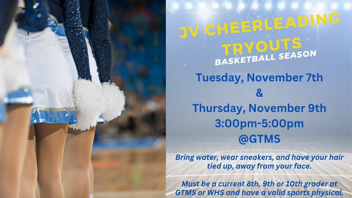 Attention 8th Grade Titans! Basketball Cheerleader Tryouts start Tuesday, November 7th, 3:00pm - 5:00pm here at GTMS!