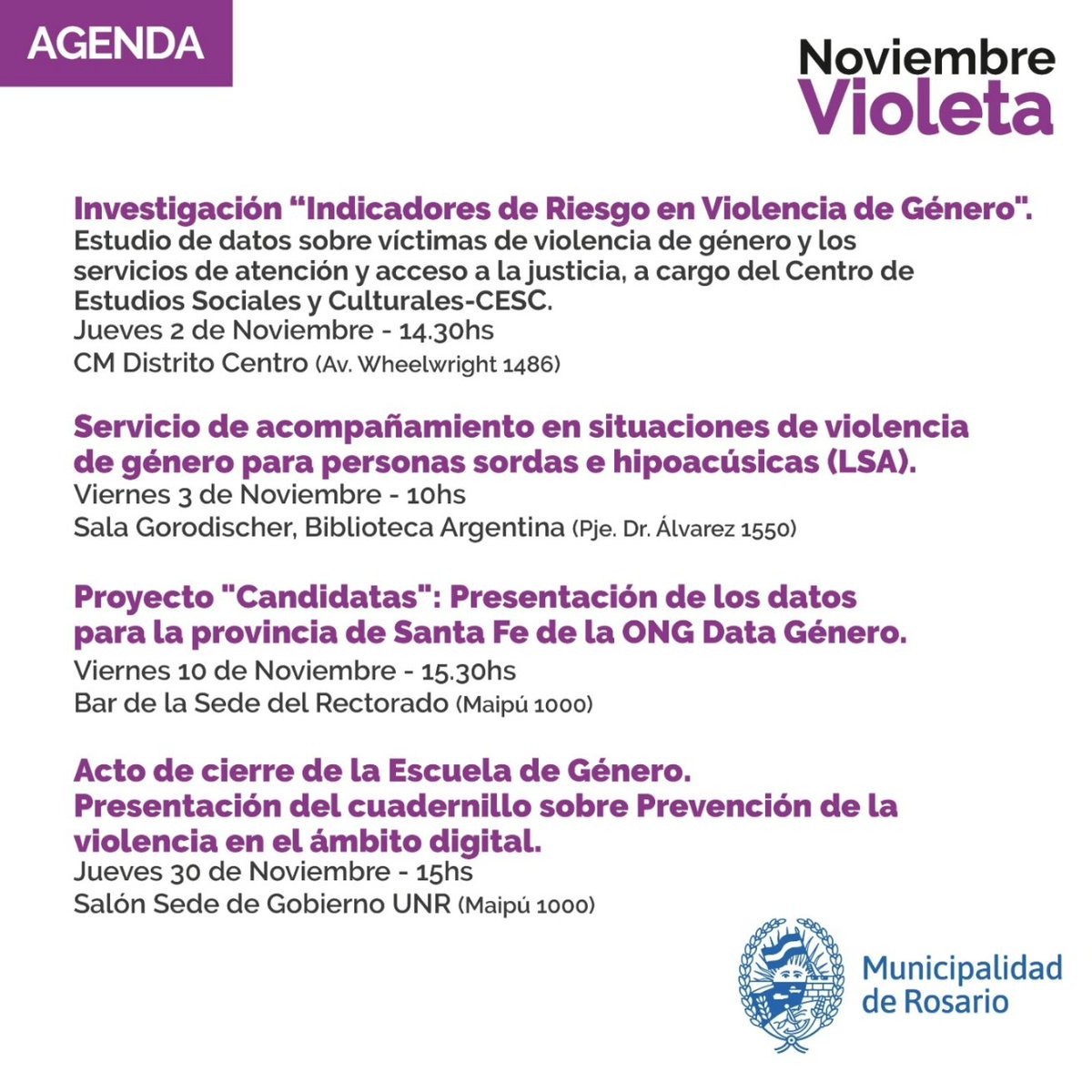 🟣Bajo el lema #NoviembreVioleta, desde la Secretaría de Género y Derechos Humanos, llevaremos adelante una agenda destinada a visibilizar y prevenir las diferentes formas de violencia de género contra mujeres y disidencias. 👉 Conoce las actividades en nuestras redes!