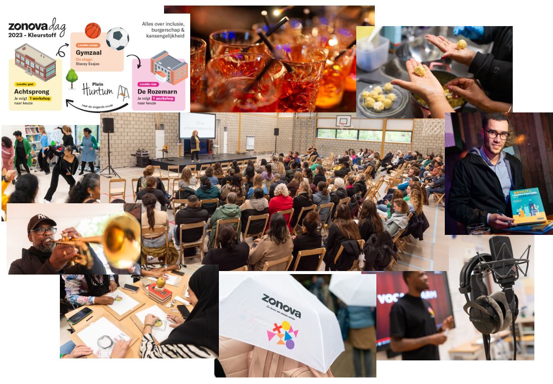 Zonovadag 2023.
Samen zijn, verbinding zoeken en met elkaar verdiepen rondom de thema's inclusie, burgerschap en kansengelijkheid. Maar ook een opzwepende brassband, graffiti, spoken word en Afrodance. En natuurlijk de afsluiter in Kleurstoff.

Zo leren we samen verder!