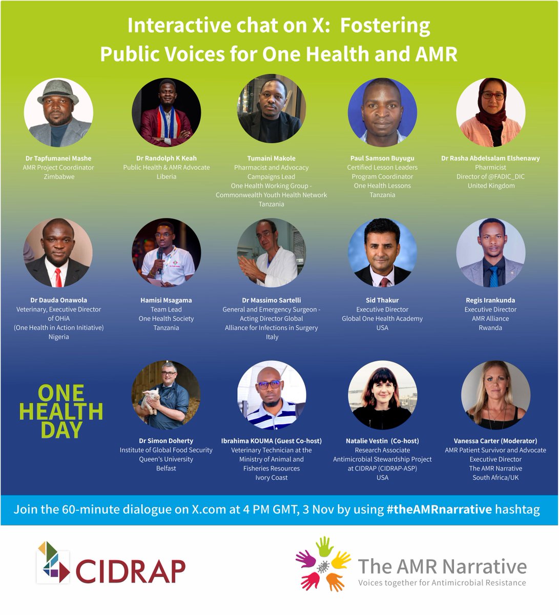 Join our distinguished guests this Friday, 3 Nov at 4pm GMT for an interactive dialogue about how we can foster public voices for #OneHealth and #AMR in partnership with @CIDRAP_ASP featuring special co-host @alkhalilkouma. EVERYONE WELCOME! To take part, type your answers…