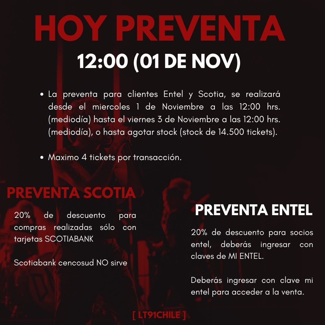 LT91Chile's tweet photo. 🚨LT EN CHILE 2024🚨
- Hoy preventa SCOTIABANK / ENTEL 12:00PM

Link de venta: https://t.co/xtgNBF4rOW

¡Mucha suerte a todes! #LTCL2024 #FITFWTCL24 https://t.co/XxS9blSLm6