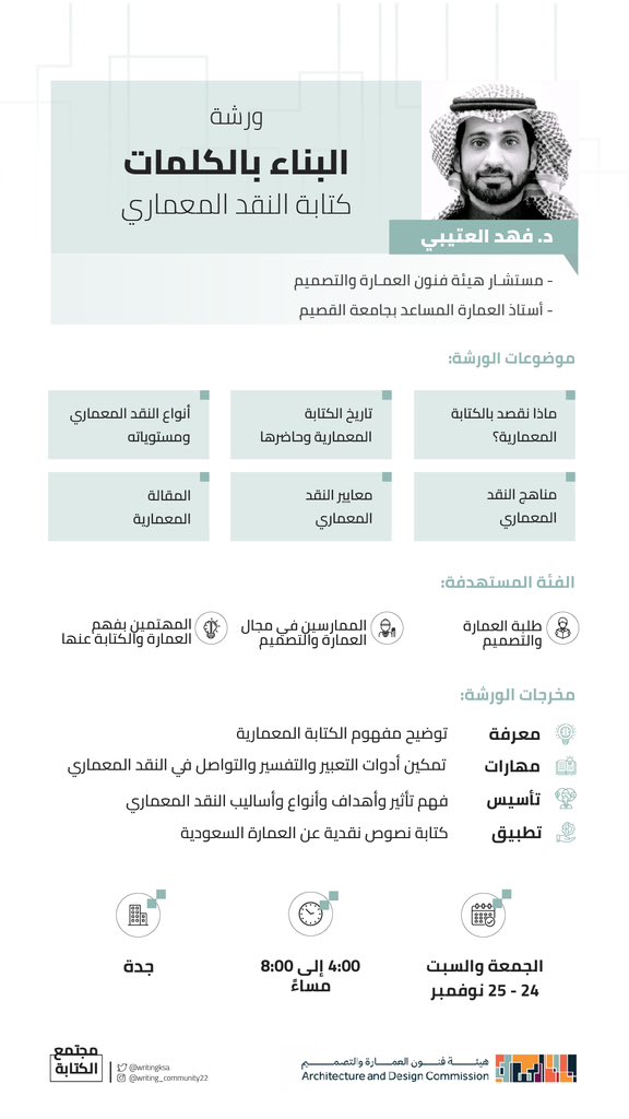 نعيش المكان ويعيشنا، فكيف نكتب عنه؟

يسعدنا دعوتكم لورشة "البناء بالكلمات: كتابة النقد المعماري"، بنسختها الثانية بمدينة جدة، بالتعاون مع هيئة فنون العمارة والتصميم <a href="/ArchMOC/">هيئة فنون العمارة والتصميم</a>.

للتسجيل: 2u.pw/UpU0HIW