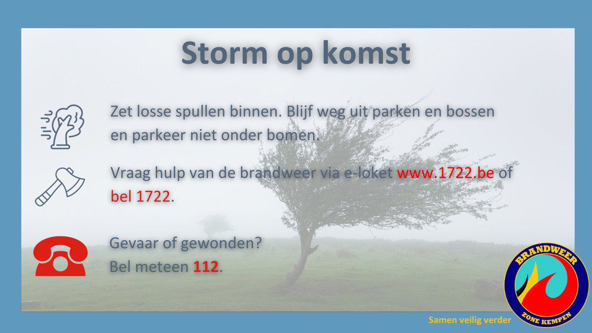 Morgen passeert #StormCiaran ook in de Kempen. De windstoten kunnen schade veroorzaken.

Wij staan paraat om te helpen bij grote en kleine problemen. Je kan ons inschakelen via 1722.be of bel 1722. Bij gevaar of gewonden bel je meteen 112.