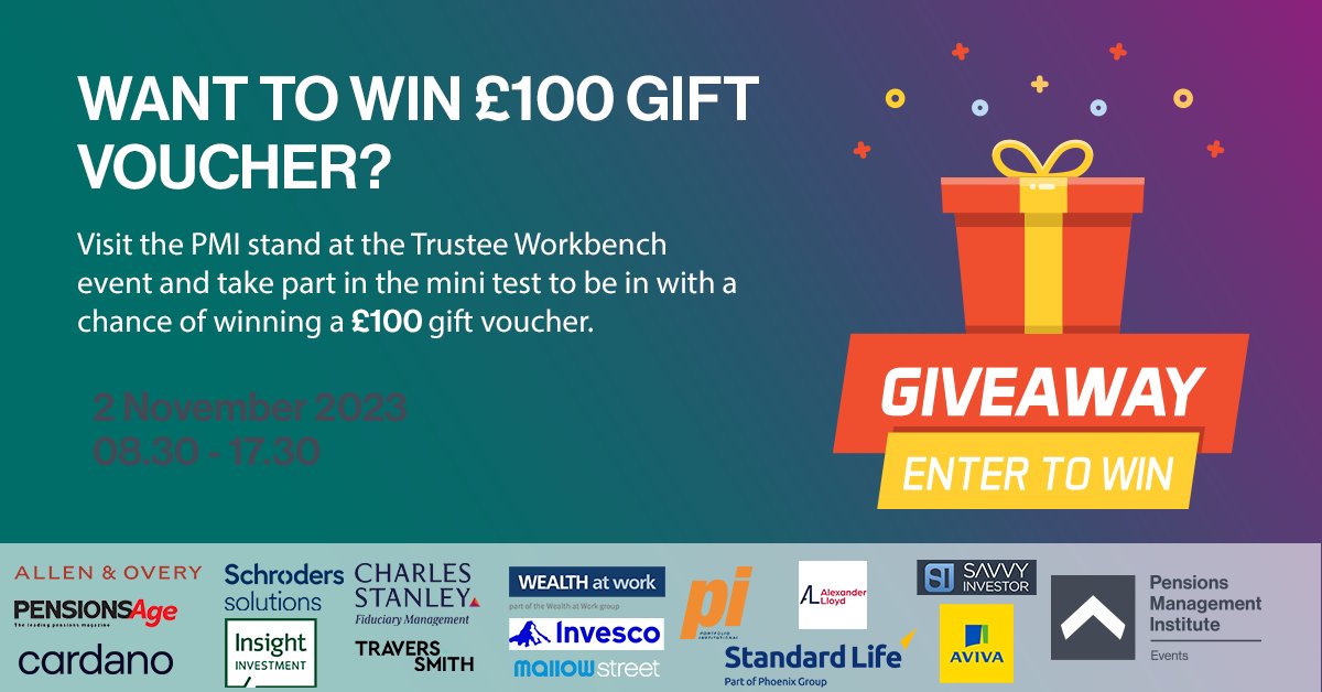 PMIPensions's tweet photo. π Ready to win Β£100 Gift voucher?
Visit the PMI stand and take our mini-Trustee quiz, designed to challenge you would pass our (APT) Award in Pension Trusteeship exam readiness. π
WIN a Β£100 John Lewis gift voucher! ποΈπ
#PMIPensions #TrusteeWorkbench2023 https://t.co/Iz2PtXc8B7