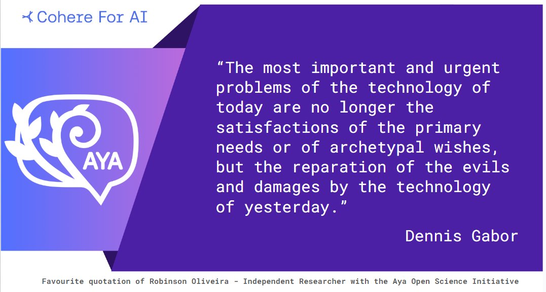 Join the Aya - Open science project that aims to build a multilingual AI language model via worldwide contributions

Start contributing here: aya.for.ai

<a href="/sarahookr/">Sara Hooker</a>
<a href="/_marinafmachado/">Nina</a>
@Varunufi 
<a href="/freddie_v4/">Freddie Vargus</a>
<a href="/_ivantha/">Oshan Ivantha</a>
<a href="/DeividasMat/">David Mataciunas- AI for Private Credit 🏦</a>
<a href="/singhshiviii/">Shivalika Singh</a>
<a href="/dokatox/">Dominik Krzemiński</a> 
<a href="/CohereForAI/">Cohere For AI</a>