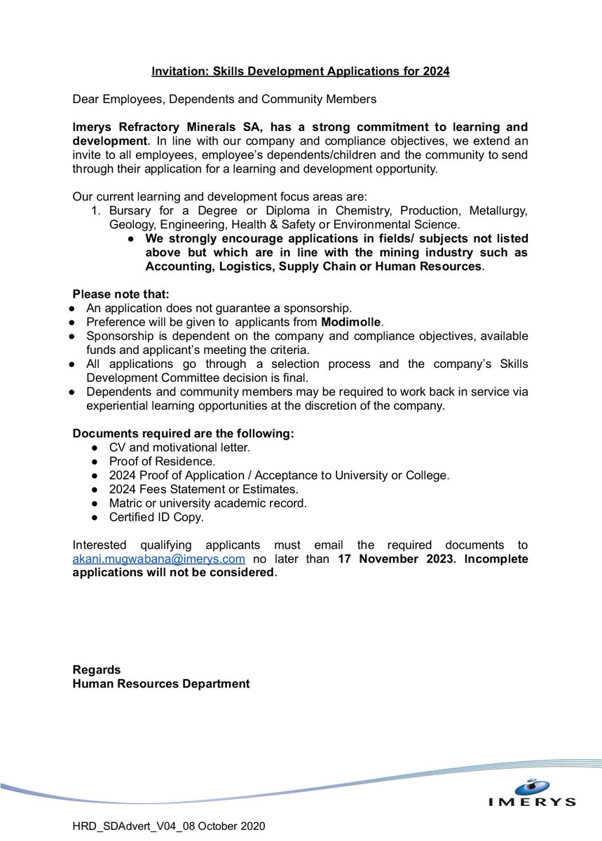 RMakukuli's tweet photo. Imerys Refractory Minerals SA

📌Bursaries

Interested qualifying applicants must email the required documents to akani.mugwabana@imerys.com no later than 17 November 2023.

Incomplete applications will not be considered https://t.co/j4pDVWPmG0