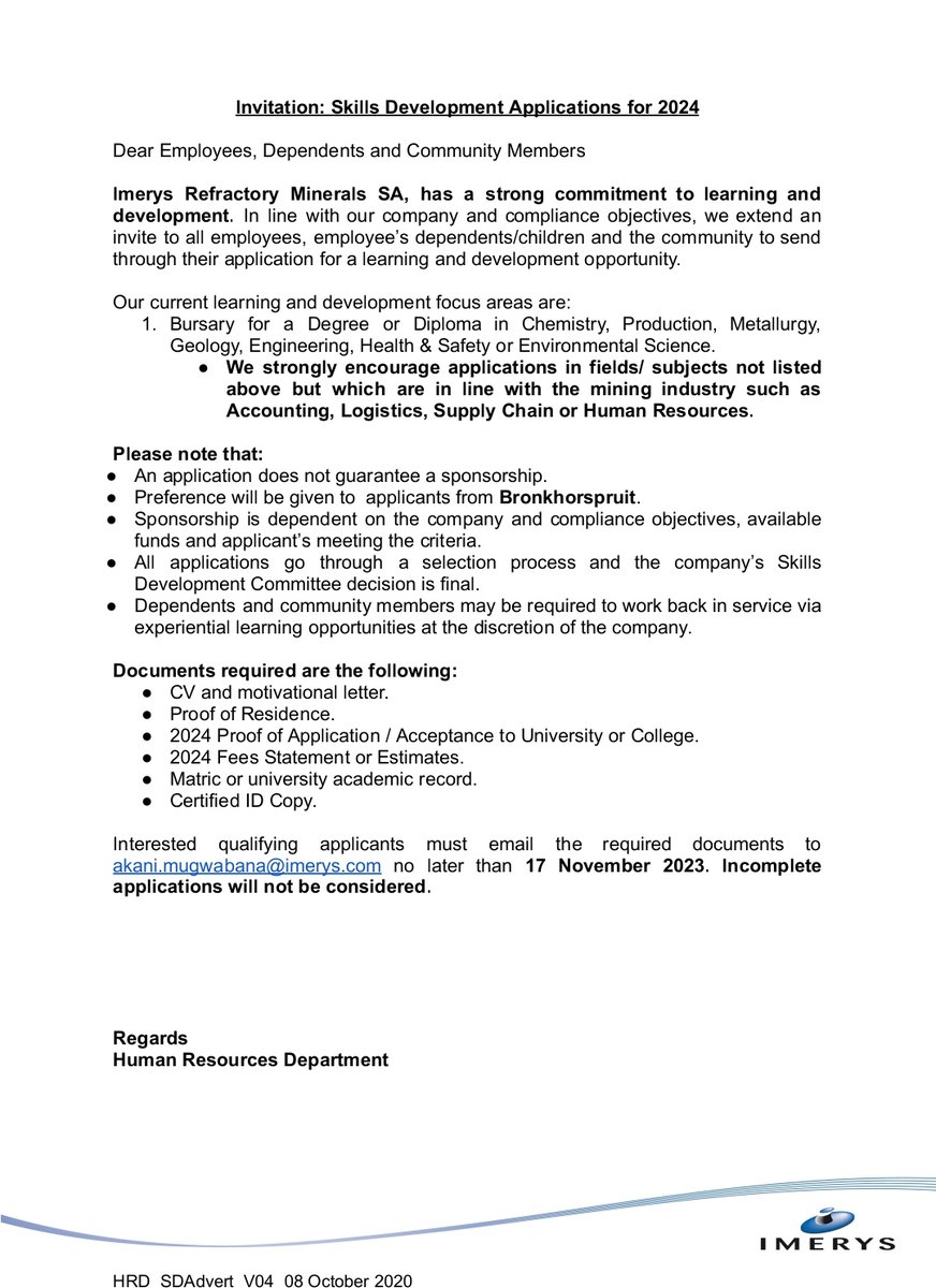 RMakukuli's tweet photo. Imerys Refractory Minerals SA

📌Bursaries

Interested qualifying applicants must email the required documents to akani.mugwabana@imerys.com no later than 17 November 2023.

Incomplete applications will not be considered https://t.co/j4pDVWPmG0