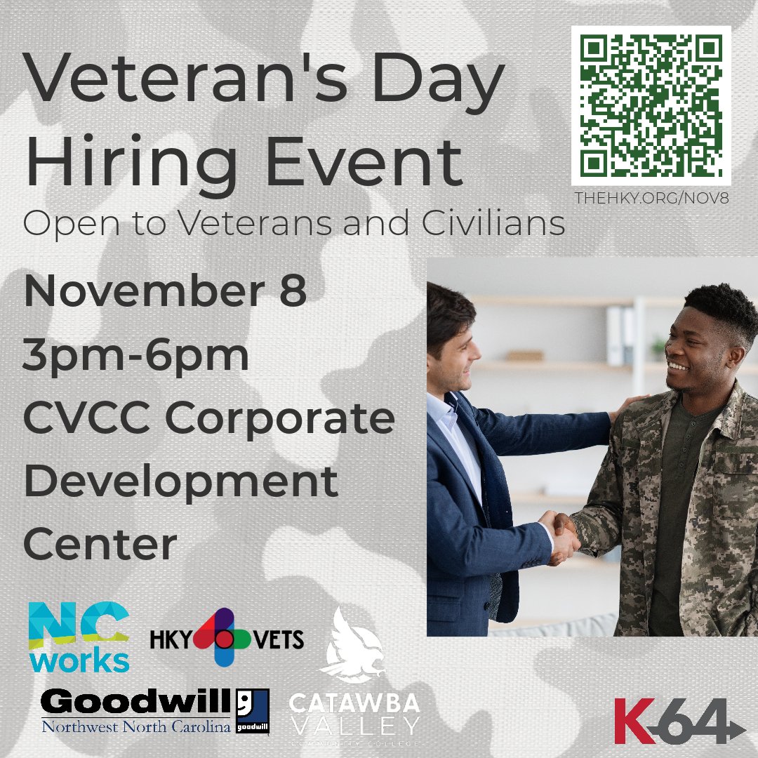 K64Learning's tweet photo. In honor of #VeteransDay and our heroes, join in on November 8, 2023, from 3-6PM at the CVCC Corporate Development Center. This #jobfair focuses on the unique talents of transitioning #military, military spouses, and veterans in the #Hickory Metro. #CatawbaCounty #k64learning https://t.co/saSdnImBtM