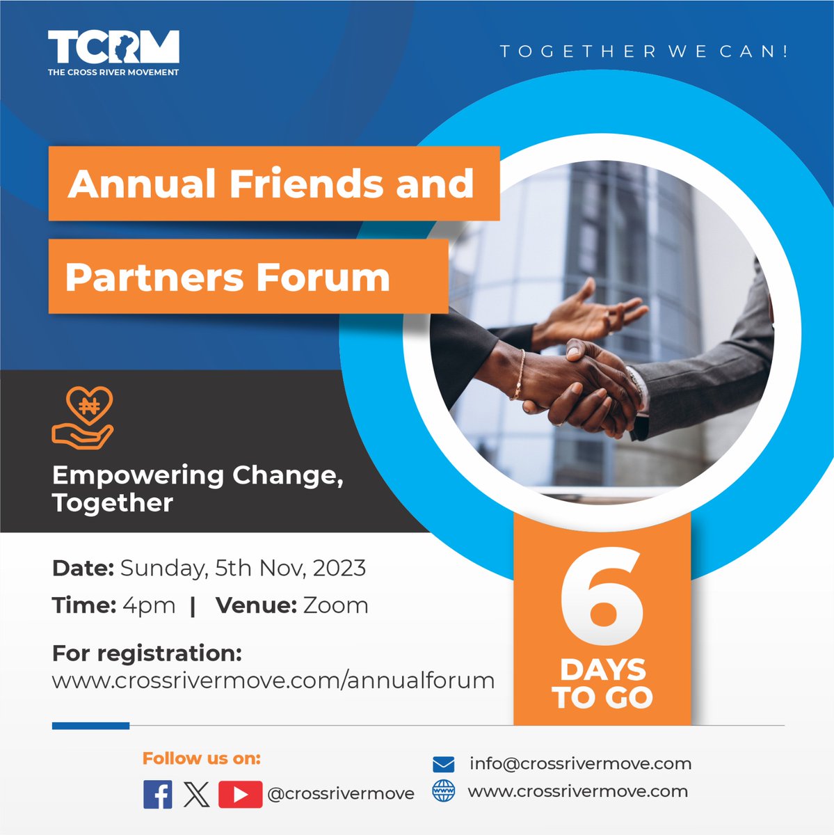 *Date:* Sunday, November 5, 2023
*Time:* 4:00 PM (WAT)
*Join Zoom Meeting*
us02web.zoom.us/j/87019218483?…

Join the TCRM WhatsApp community for more details and updates by clicking here: [TCRM WhatsApp Community](bit.ly/TCRMcommunity)

#TCRM #TheCrossriverMovement #GoodGovernance