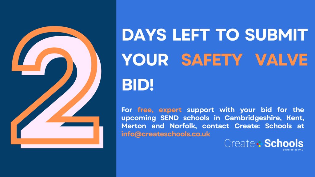 CreateSchools's tweet photo. Two days left to submit your bid for the #SafetyValve campaigns. If you've already expressed your interest, don't miss this opportunity. 
For last-minute expert advice on your application, reach out to Create: Schools at [https://t.co/HZywxCB5pT] https://t.co/m0n9HSyIy0