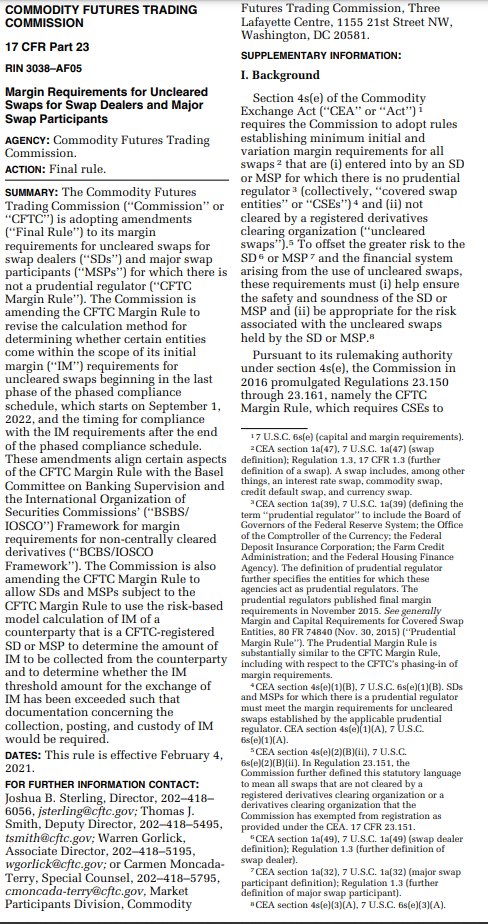 itsalwaysrains's tweet photo. #CFTC #margin requirements for uncleared swap based dealers - approved 1/4/21
https://t.co/REJJhxoZzL p.229 onward.
federal register.

this is my morning coffee material.

I wanna know swap dealer margin requirements.
#gameonbitch https://t.co/fV1QcSME86