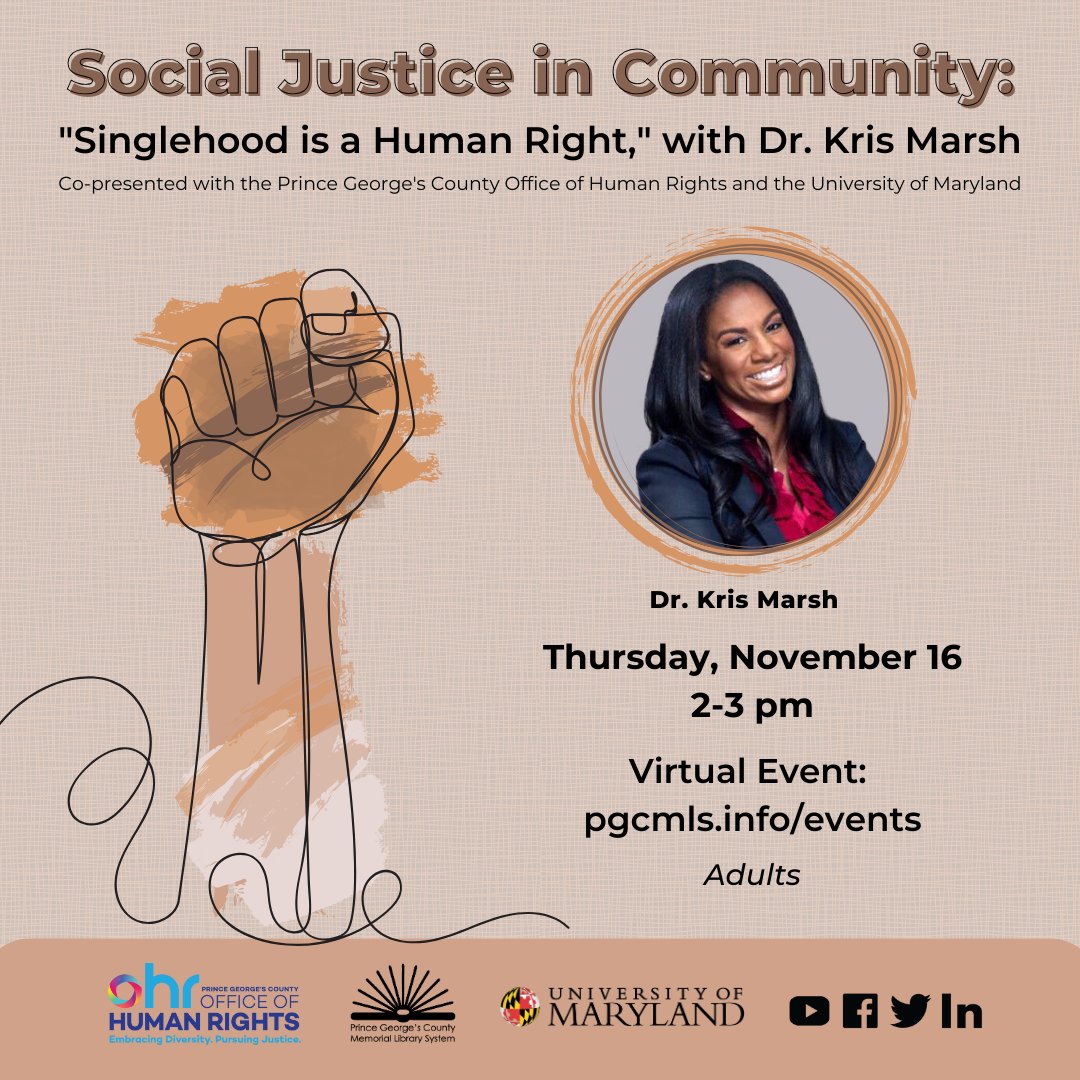 PGCOHR's tweet photo. Our Social Justice in Community series with Kris Marsh has been rescheduled for November 16th. We will be partnering with @PGCMLS  and @UofMaryland! 

Set a reminder and join us here: https://t.co/asL8zPaqKo https://t.co/Kb2lCRv8Co