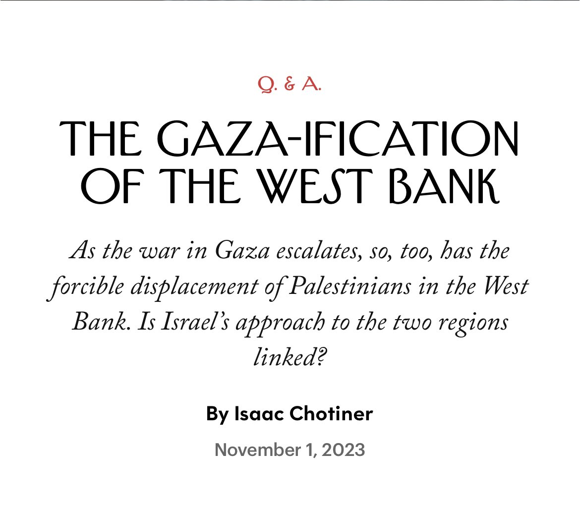 New Interview: I talked to the Israeli human rights activist Hagai El-Ad about what’s been happening in the West Bank since 10/7, Israel’s long-term plans for the territory, and how the military works with settlers to remove Palestinians from their land. newyorker.com/news/q-and-a/t…