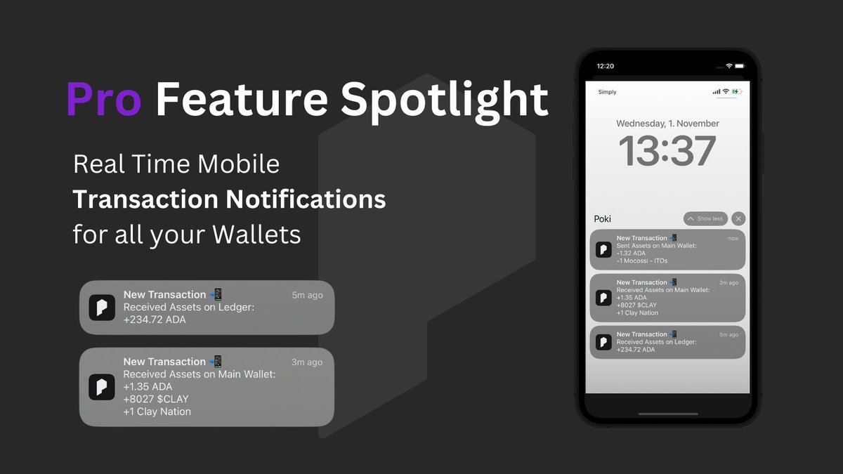 PokiPortfolio's tweet photo. ⭐️ Poki Pro Feature Spotlight: Transaction Notifications ⭐️

The only way to automatically stay up-to-date with your #Cardano wallet activity. Straight to your smartphone, in real-time.

Works with all your wallets.

Only with the Poki mobile app.

$ADA https://t.co/bOwfOrqoLG