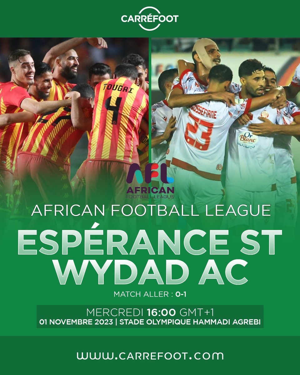 African Football League : Espérance ST - Wydad AC

L'Espérance Tunis défie le Wydad à Radès pour une demi-finale retour décisive.

Coup d'envoi 16:00 (GMT+1)

#AFL #CAF #FIFA #EspéranceST #WydadAC #Demifinale #Carrefoot
carrefoot.com