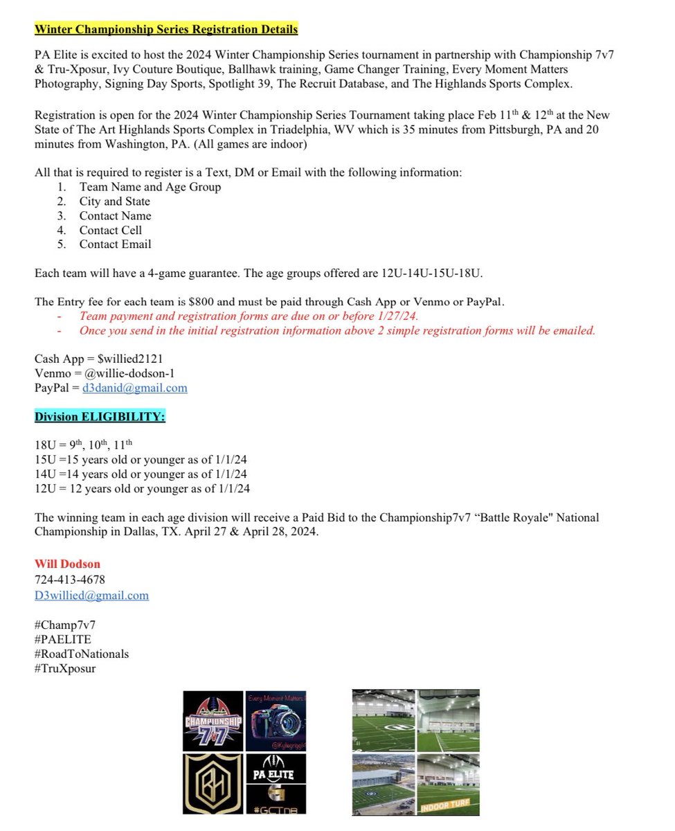 PAELITE7v7's tweet photo. 💥 Attention 💥
Registration is now open for the 4th Annual PA Elite Winter Championship Tournament. The tournament has sold out the last 3 years within 30 days which means don’t wait to get registered. Once all slots are filled registration will be closed.
#LockInNow https://t.co/TLlhU78g5h