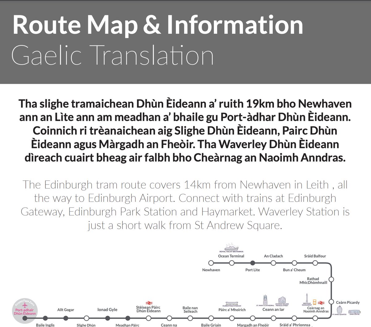 According to <a href="/EdinburghTrams/">Edinburgh Trams</a>, the journey from Newhaven to <a href="/EDI_Airport/">Edinburgh Airport</a> is 5km longer for Scottish Gaelic speakers? 
Fortunately, Gaelic speakers are not charged a premium for the extra distance! 
<a href="/EdinburghLive_/">Edinburgh Live</a> <a href="/BBCRnG/">BBC Radio nan Gàidheal</a> <a href="/LearnGaelicScot/">LearnGaelicScot</a> <a href="/ScotsGaelicDuo/">Scottish Gaelic Duolingo</a>