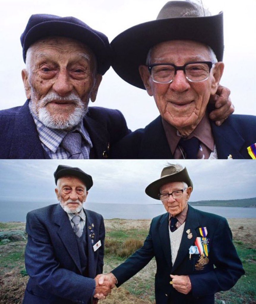 The Ottoman veteran Adil Şahin and the Australian veteran Len Hall met as friends in Gallipoli in 1990, 75 years after they fought as enemies in the same place. #Australia