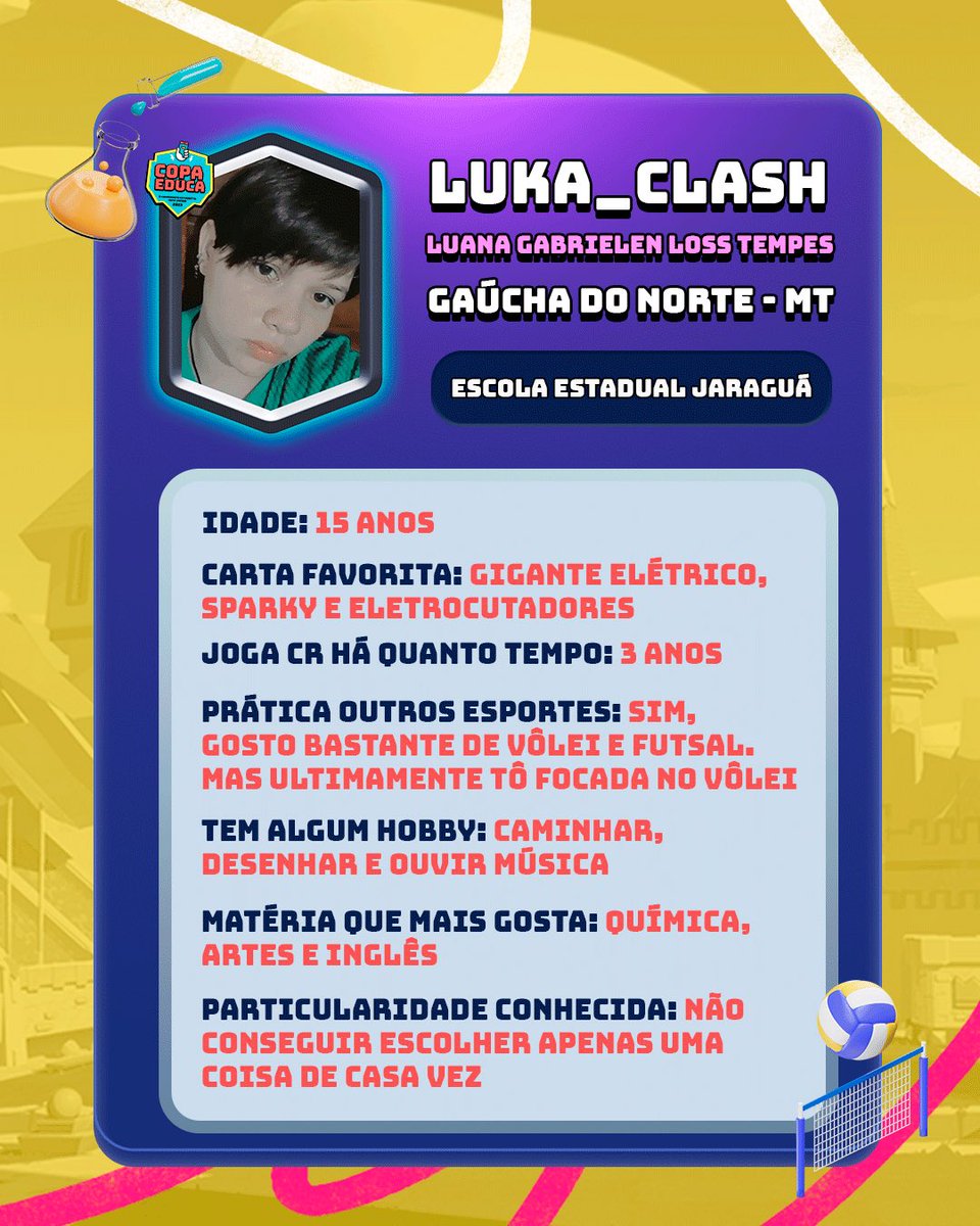 CopaEducaMT's tweet photo. Luana Gabrielen é o nome da primeira braba classificada no mês de agosto. Nas arenas do Clash Royale é conhecida como Luka_Clash, ela que gosta de escrever nas horas vagas está prestes a escrever a sua história na Grande Final Presencial da COPA EDUCA. https://t.co/hKJunzobzs