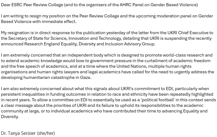 I have just resigned my position on the ESRC peer review college as well as an upcoming expert panel on gender based violence. Like so many others, I cannot pretend that this assault on academic freedom does not matter, particularly in relation to the violence in Gaza (1/2)
