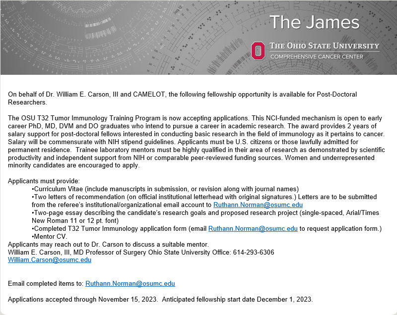 CAMELOT at OSU CCC (@osu_camelot) on Twitter photo 📢Post Doctoral Researchers - Check out this T32 opportunity with <a href="/CarsonLabOSU/">William E. Carson III</a>! #tumorimmunology #T32 #NCI 📢Post Doctoral Researchers - Check out this T32 opportunity with <a href="/CarsonLabOSU/">William E. Carson III</a>! #tumorimmunology #T32 #NCI