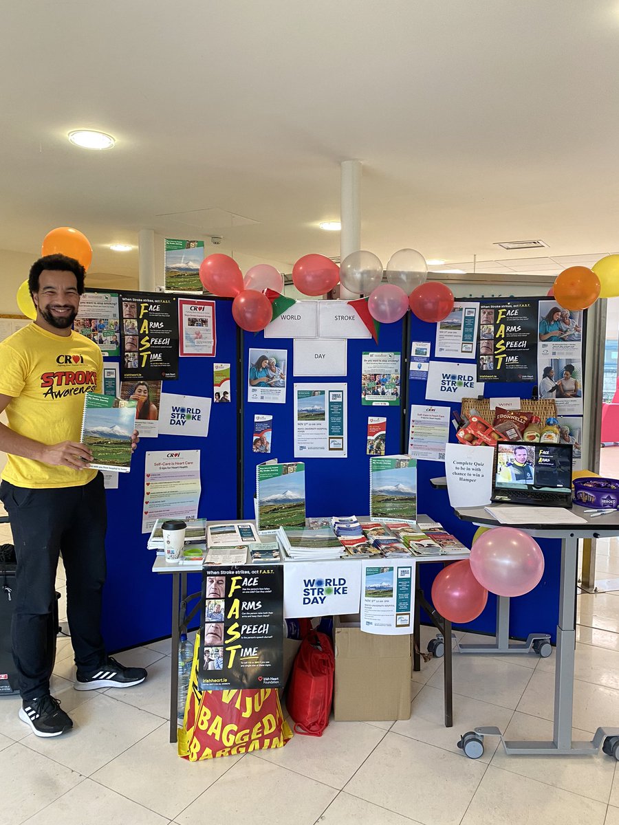 AineOReilly14's tweet photo. Come say hello to the stroke team in Mayo University Hospital to talk about stroke awareness and prevention as part of #WorldStrokeDay 
#actFast 
@CroiHeartStroke 
@Irishheart_ie 
@maryweirmcd 
@heretolearnlots 
@CoachExe https://t.co/A6c5hOPObp
