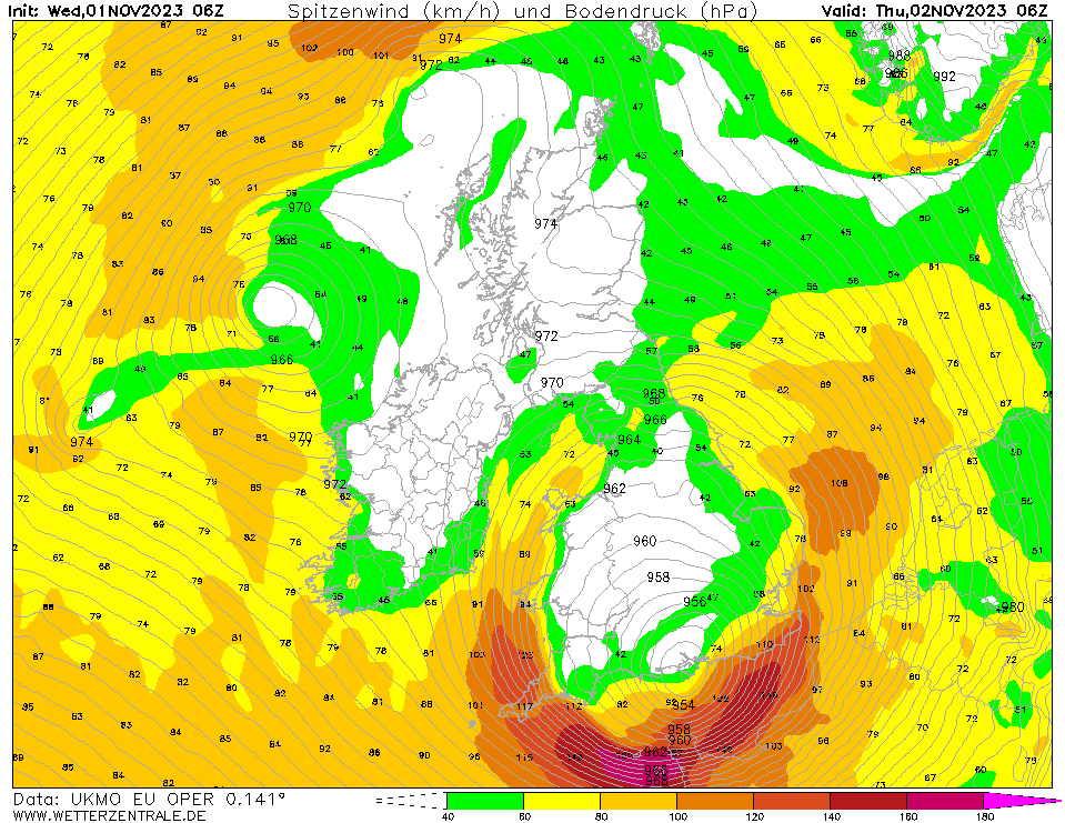 PaulBlight6's tweet photo. To highlight uncertainties still to iron out, 6Z UKMO GM have the centre near Southampton at 6Z on Thursday. AROME 9Z has it near Cardiff.  Not much difference in the grand scheme of things, but a big potential difference to dragging the stronger winds further N .#StormCiaran https://t.co/PRhntiTm3I
