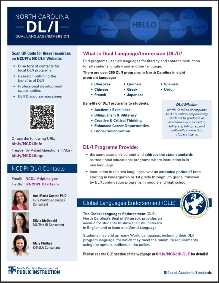 Take a moment to download and share the new @ncpublicschools DL/I in NC flyer at bit.ly/DLIinNCflyer! It’s got info on #DLIinNC resources and links for the website and FAQs. @NCDPI_MLs @NCDPIELATEAM @FLANC_WorldLang