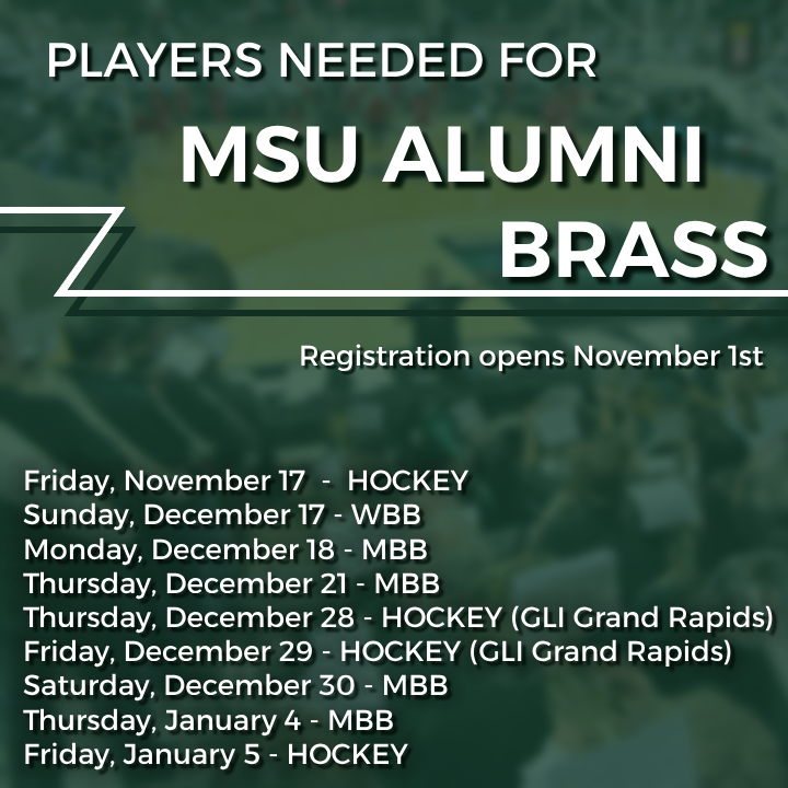 msualumniband's tweet photo. Sign up for 2023-2024 Alumni Winter Bands events! This season has men's and women's basketball + hockey in Munn and in G.R. for the Great Lakes Invitational!  We just added a hockey game in November.
Link to register: https://t.co/LMcHgdXre6 https://t.co/eEzAvCB7wS