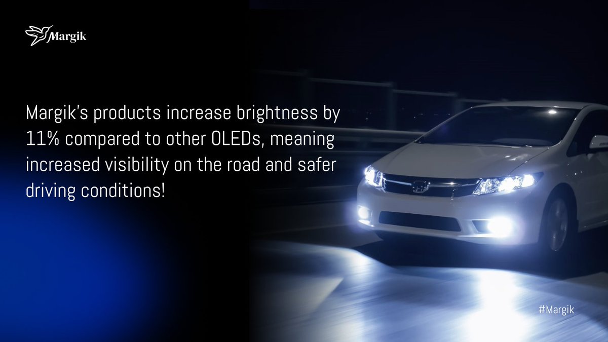 Margik’s products increase brightness by 11% compared to other OLEDs, meaning increased visibility on the road and safer driving conditions! 

#safedriving #saferdriving #carlighting