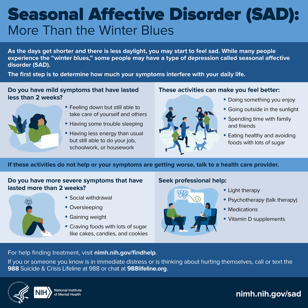 For most states, daylight saving time ends this Sunday. As the days get shorter and there is less daylight, you may start to feel sad. Is it just the 'winter blues' or seasonal affective disorder (SAD)? This infographic may help guide you. go.nih.gov/dVVpwyT