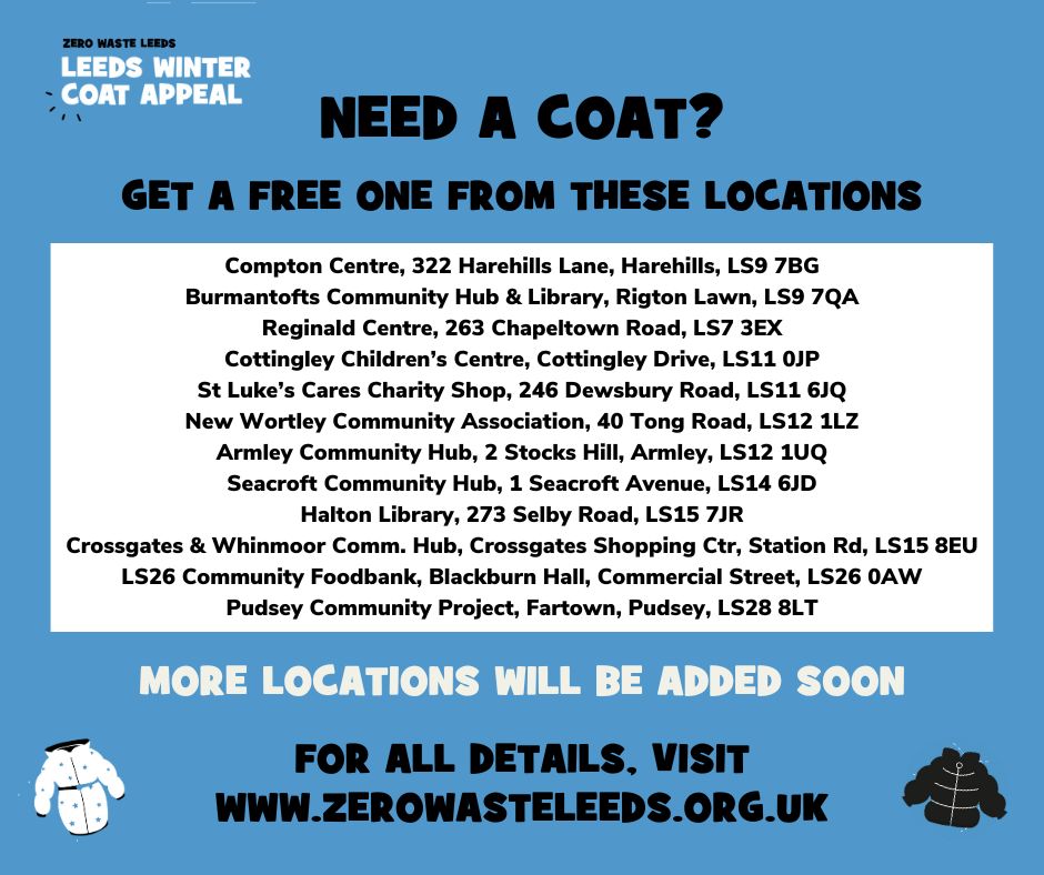 We've been busy delivering coats donated to the #leedswintercoatappeal to the below collection points. More locations will be added soon. So if you need a coat, or know a family that would benefit from a free one, pop in to see them. All details on zerowasteleeds.org.uk