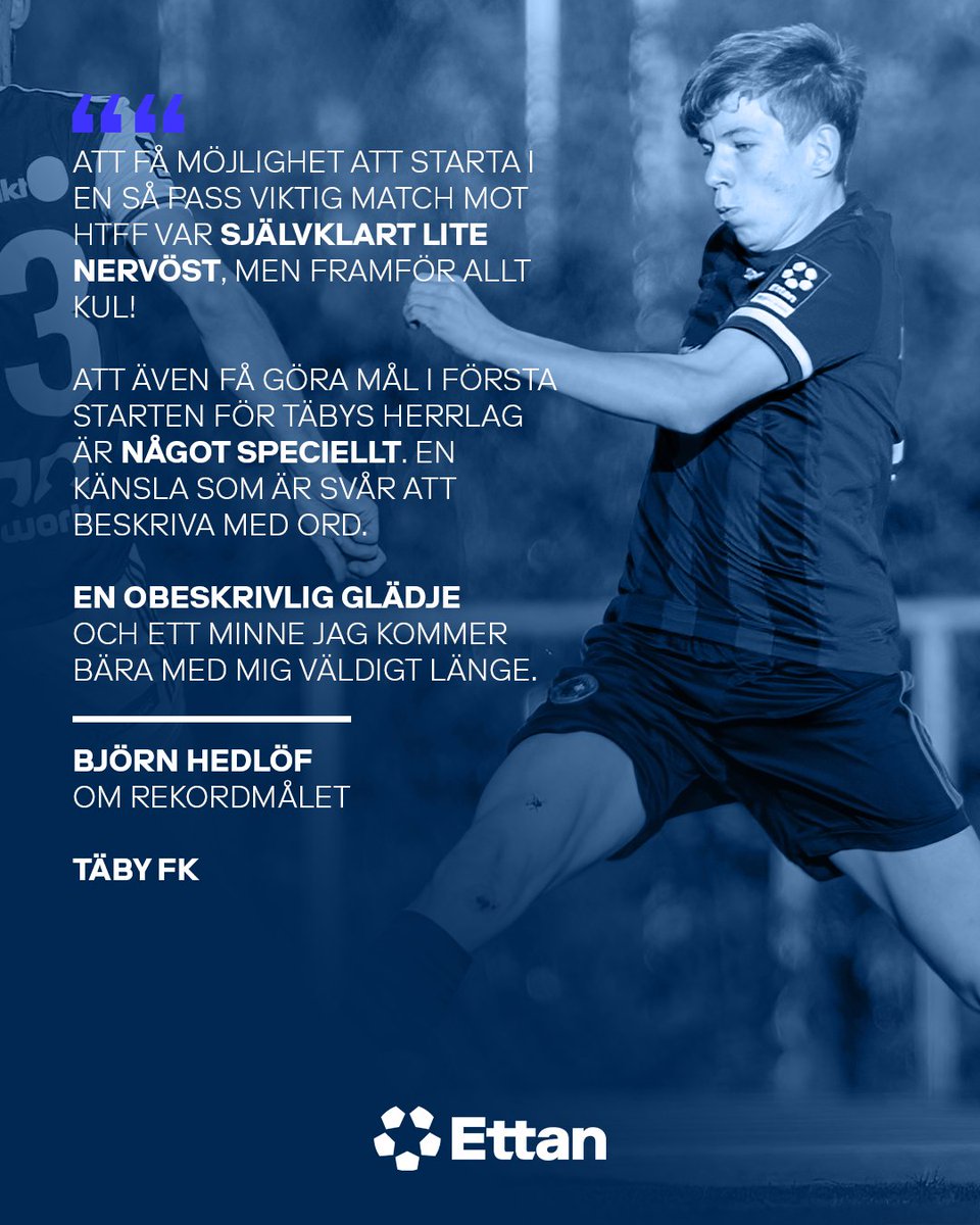 𝗛𝗶𝘀𝘁𝗼𝗿𝗶𝘀𝗸 𝗺å𝗹𝗴ö𝗿𝗮𝗿𝗲!

15 år och 106 dagar gammal var Björn Hedlöf, <a href="/Tabyfkherr/">Täby FK</a> vid debutmålet mot <a href="/HammarbyTFF/">Hammarby TFF</a> i lördags.

Därmed slog han Jardell Kangas, <a href="/bpfotboll/">BP</a> tidigare rekord från 2021 med 48 dagars marginal.

📸Sportvision Photo

#ettanfotboll
#ettan
