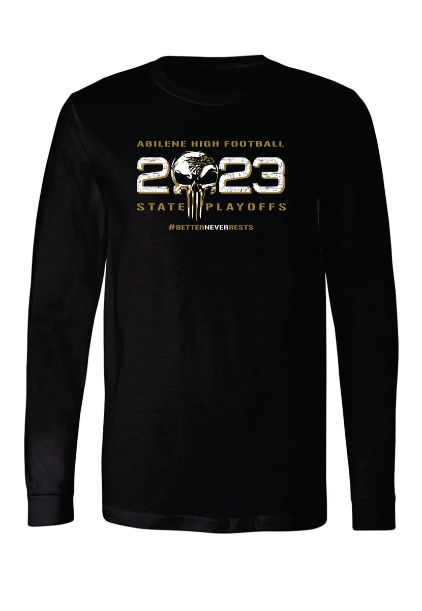 📢📢📢SHARE📢📢SHARE 📢📢📢
Abilene High PLAYOFF shirts! 
Store closes Sunday, November 5th!
Get your orders in! Long sleeve cotton and "dri-fit" option available! 🖤💛🦅 link below ⤵️⤵️⤵️
lilcattilac.com/collections/on… <a href="/AbileneEagleFB/">Abilene Eagle Football</a> <a href="/abileneisd/">Abilene ISD</a> <a href="/AbileneISDAthl1/">Abilene ISD Athletics</a> <a href="/AbiHighBoosters/">Official Abilene High School Booster Club account</a>