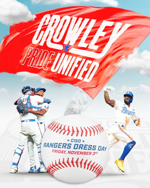 CISD_HCM's tweet photo. Just announced!!!!! Students and staff are invited to wear Texas Rangers shirts, baseball caps, and dress code appropriate blue, red and white clothes to celebrate our World Series team on Friday, Nov. 3. #CrowleyPrideUnified https://t.co/SQzpfXhmQa