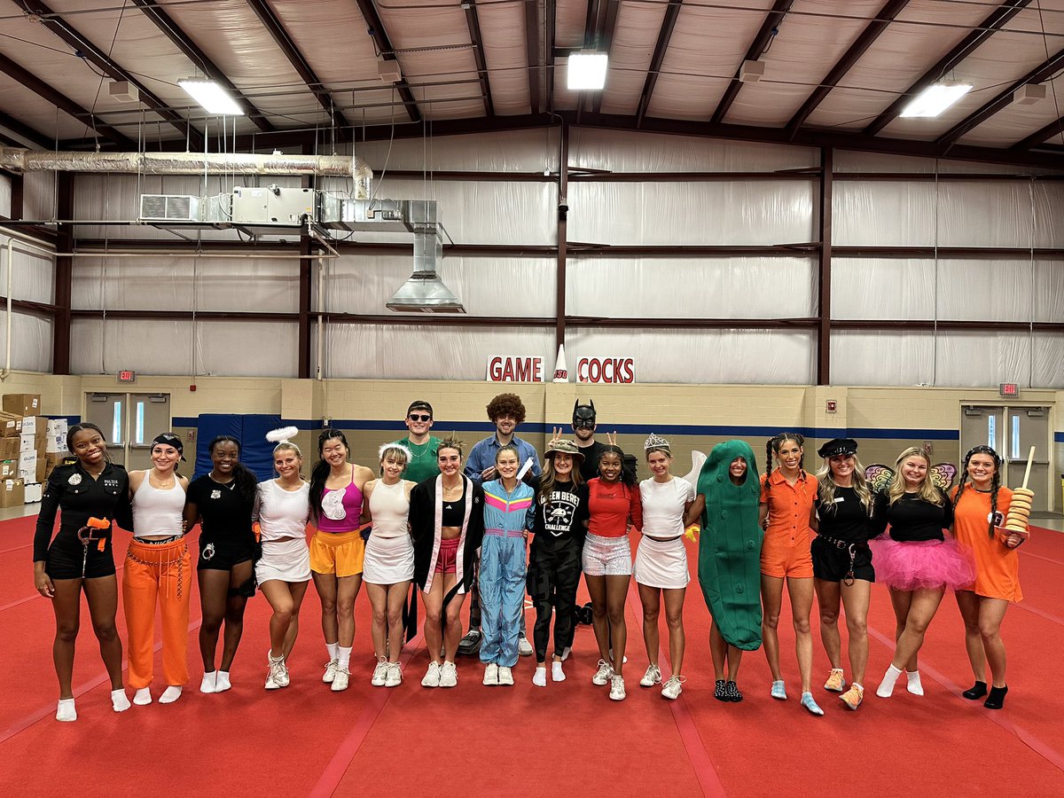 jaxstatecheer's tweet photo. Jax State cheer Halloween practice is always one for the books! Had to get a picture of Stefon joining in since he has class on Tuesdays 🤣 happy Halloween, everyone! #GoGamecocks 🐔 https://t.co/kYXf5F9oP3